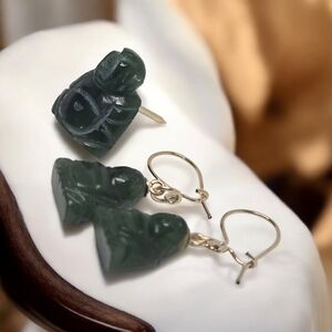 BUDDHA For Luck Craved Jade Solid Gold Buddha Earrings & Pin